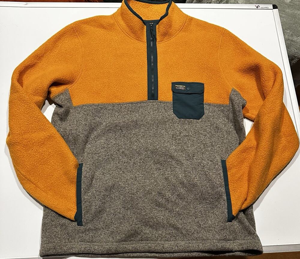 L.L. Bean Fleece Sherpa Mens Large Tall Pullover Orange Navy Color Block Outdoor